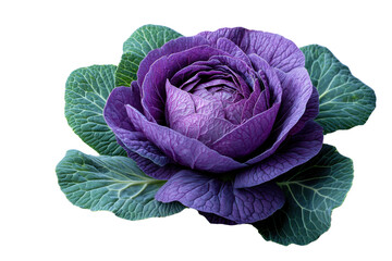 Fototapeta premium Vibrant purple cabbage with green leaves, isolated on a white background, showcasing its intricate textures and natural beauty.
