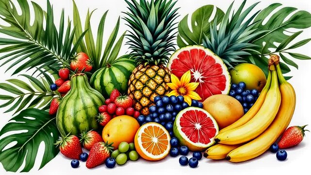 Watercolor Painting of Tropical Fruit Still Life with Lush Greenery