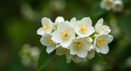 Fototapeta premium Blooming Jasmine Flowers with Green Leaves in Natural Garden Setting