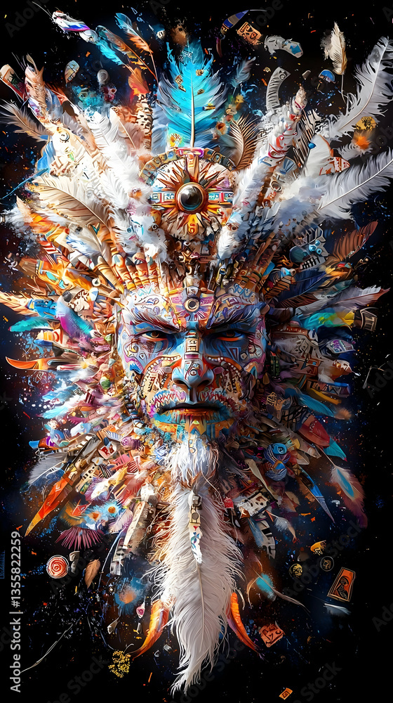 Poster abstract colorful portrait with exploding feathers