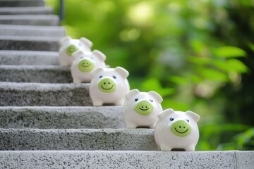 Piggy Banks Ascending Concrete Steps: Financial Growth Concept
