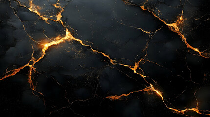 Abstract black marble texture with glowing golden veins, ideal for backgrounds and designs