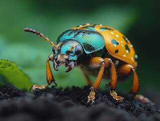 Naklejka premium A detailed macro photograph of a colorful beetle on dark soil