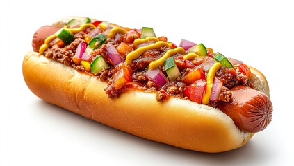 Delicious hot dog with chili, mustard, onions, tomatoes and cucumbers on a white background.