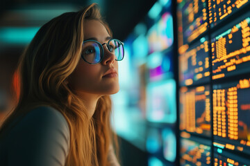 Female young Data Scientist Reviewing Reports Of Risk Management Department On Big Digital Screen In Monitoring Room
