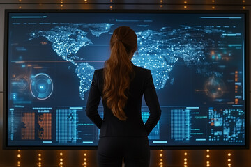 
Female young Data Scientist Reviewing Reports Of Risk Management Department On Big Digital Screen In Monitoring Room