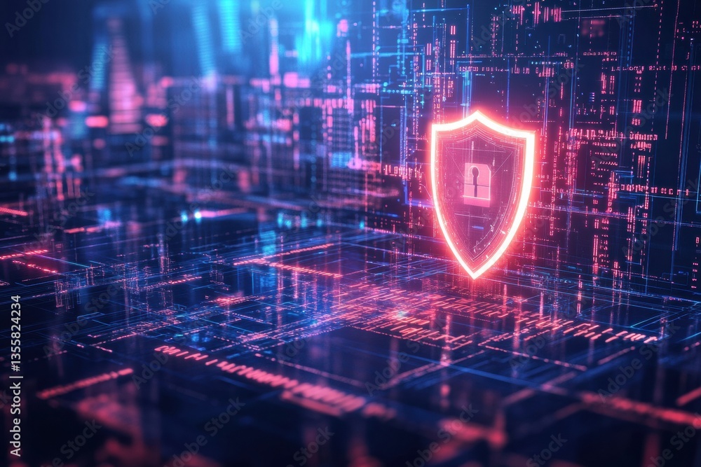 Poster cybersecurity in politics illustrated with digital shield and futuristic cityscape illuminated by bi