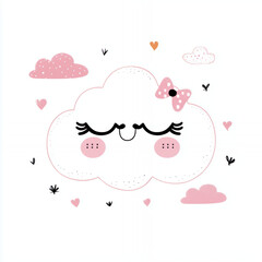 Cute Pink Cloud Illustration with Bow and Hearts