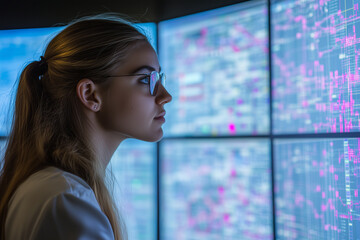 Female young Data Scientist Reviewing Reports Of Risk Management Department On Big Digital Screen In Monitoring Room