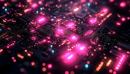 Obraz premium Abstract close-up of a vibrant, illuminated circuit board with glowing elements, showcasing technology