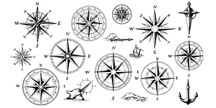 Wind rose. Map directions vintage compass. Ancient marine wind measure vector icons isolated. Isolated old sea or ocean navigation compass for ocean or marine retro cartography, boat or ship