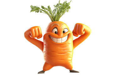 A strong and happy cartoon carrot flexing its muscles, showcasing healthy eating.