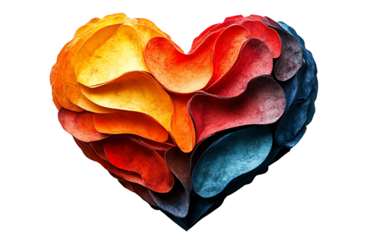A vibrant, textured heart shape symbolizing love and creativity, set against a white background.