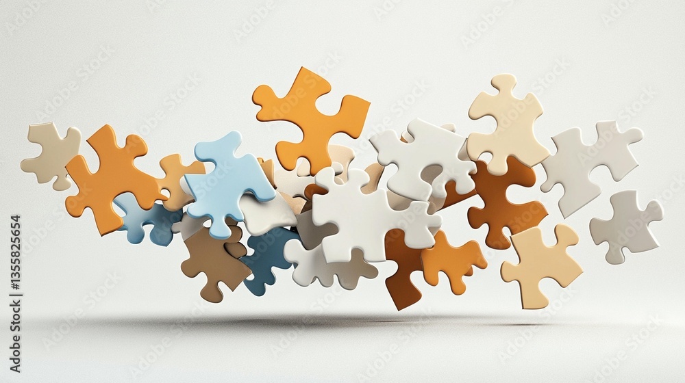 Poster colorful jigsaw puzzle pieces floating in mid-air, illustrating concepts of teamwork, problem-solvin
