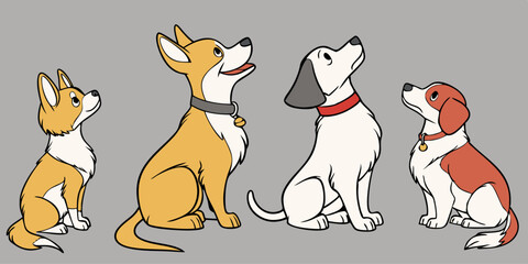 Illustration of various dog breeds, including a Chihuahua, Corgi, Labrador, Beagle, Golden Retriever, and more, all sitting on a gray background. Cute element vector set.
