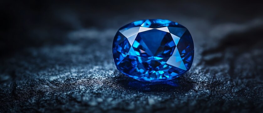 Close-up of a stunning blue sapphire gemstone resting on a dark, textured surface.  Its rich color and intricate facets are highlighted.