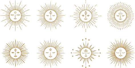 Sun boho logo, yoga icons. Sunset and moon celestial line elements, mystic zodiac eye, magic bohemian rainbow. Outline abstract elegant logotype. Bohemian golden minimal vector illustration