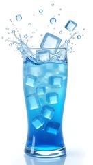Icy Blue Energy Drink Splash with Floating Ice Cubes and Fizzing Bubbles, Representing Refreshment and High-Energy Boost