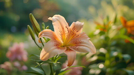 Obraz premium A single orange flower with green leaves is the main focus of the image
