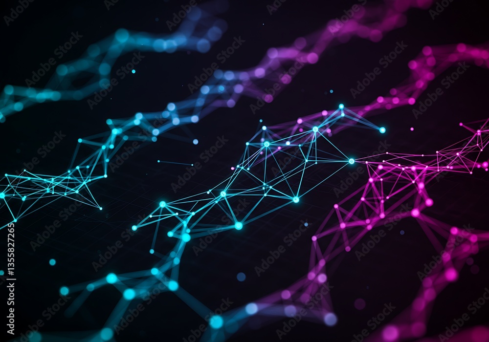 Poster abstract network connecting points with blue and pink light background
