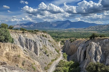 Scenic landscape showing canyon with distant mountains and cloudy sky