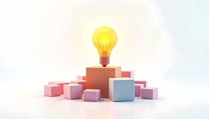 Innovation and Idea Generation Concept. Lightbulb Icon on a Central Wooden Block Surrounded by Smaller Cubes, Symbolizing Creativity and Brainstorming