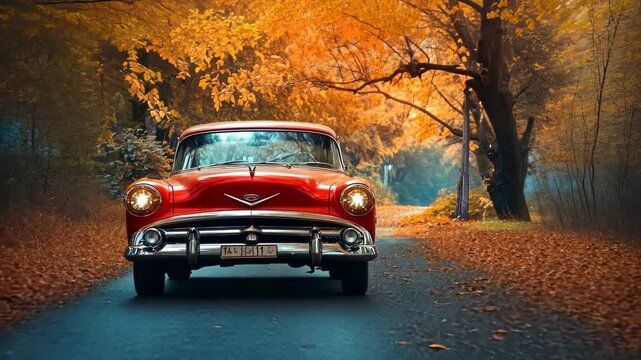 Classic car autumn road trip, fall foliage