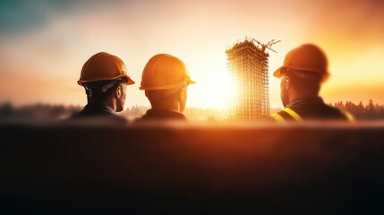 Obraz premium Construction Workers Sunset Silhouette Highrise Building Project