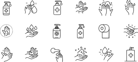 Hand wash icons. Clean palms with water and soap suds. Rub foam dryer and wipe signs. Outline towel and paper napkin. Cleanser bottle dispenser. Arm sanitizer. Vector hygiene symbols set