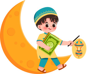 Muslim Kid Greeting and Celebrate Eid Mubarak for Eid Al Adha Islamic Kid Illustration