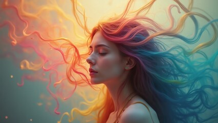 Close-up portrait with whimsical rainbow hair, Abstract Woman, Surreal Art, Colorful Portrait, Motion Blur, Dreamlike portrait