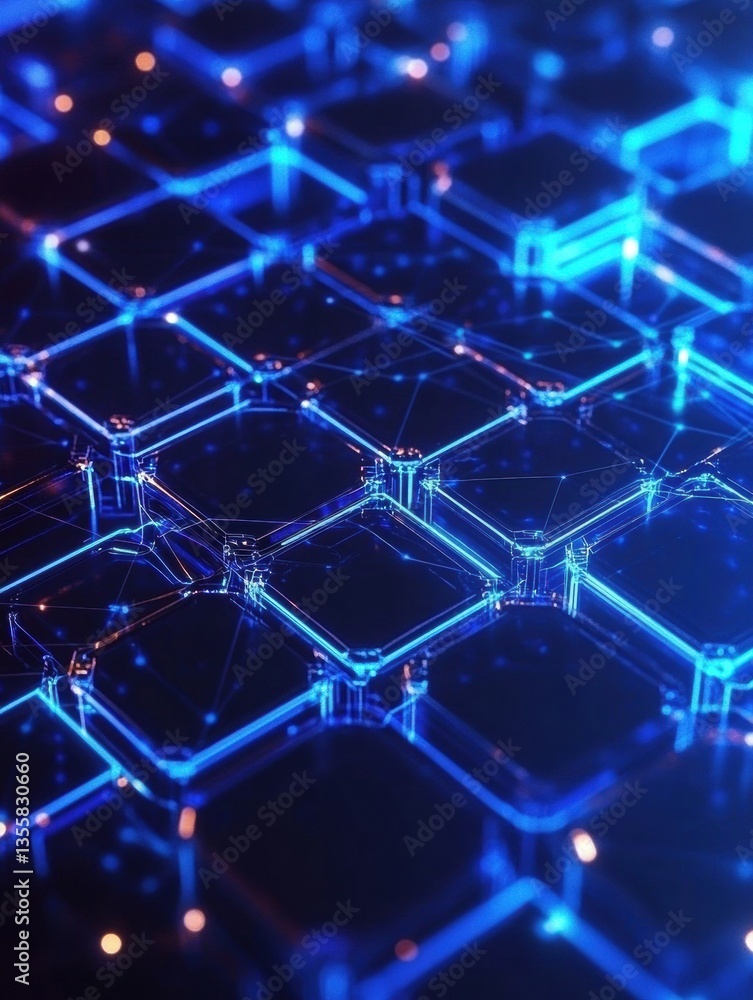 Poster High-tech blockchain concept features interconnected nodes with glowing blue layers in a futuristic design Generative AI