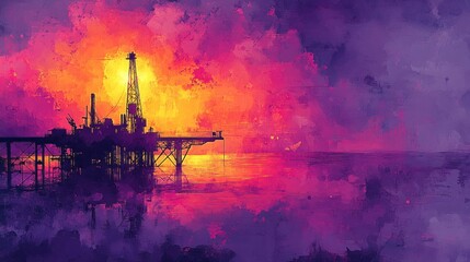 Obraz premium Oil platform stands dramatically against a colorful sky background