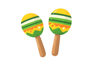 A pair of colorful maracas, traditional Latin American musical instruments, with vibrant green and yellow patterns.