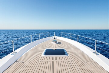 Obraz premium Luxury yacht bow deck with wooden flooring and stainless steel railing on calm blue sea under clear sky.