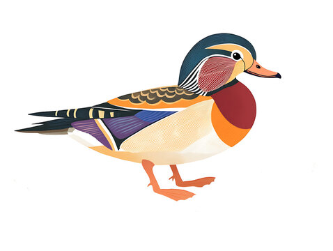 A vibrant male Mandarin duck stands on rocks, showcasing its striking plumage.