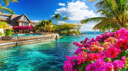 Tropical paradise view. Vivid flowers, clear water, beach house, palm trees, and bright blue sky create a serene, idyllic scene