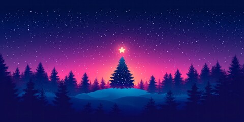 Fototapeta premium Starry christmas night with tree on a snowy hill