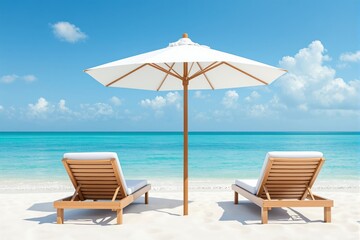 Obraz premium Two wooden lounge chairs with white cushions under a large beach umbrella on a sandy shore facing the turquoise ocean and blue sky with scattered clouds.