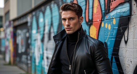 Fototapeta premium Charismatic striking man in partially unzipped jacket by graffiti wall urban edge photography model