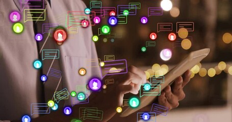 Using tablet, person in school with colorful animation of social media notifications - Powered by Adobe