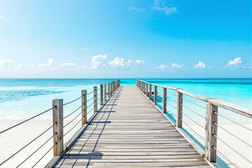 Fototapeta premium Wooden pier extending over turquoise ocean with bright blue sky and white clouds.