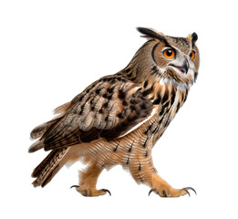 Obraz premium Majestic Owl in the Spotlight: a detailed photo featuring the striking look of an owl with vibrant feathers and intense gaze, perched confidently against a neutral backdrop. 