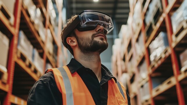 Warehouse worker wearing futuristic smart glasses looking up at shelves, reflective visor emphasizing industrial environment