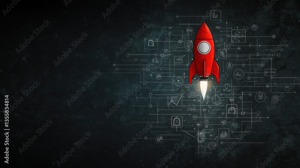 Aufkleber red rocket launching with digital technology background in dark setting