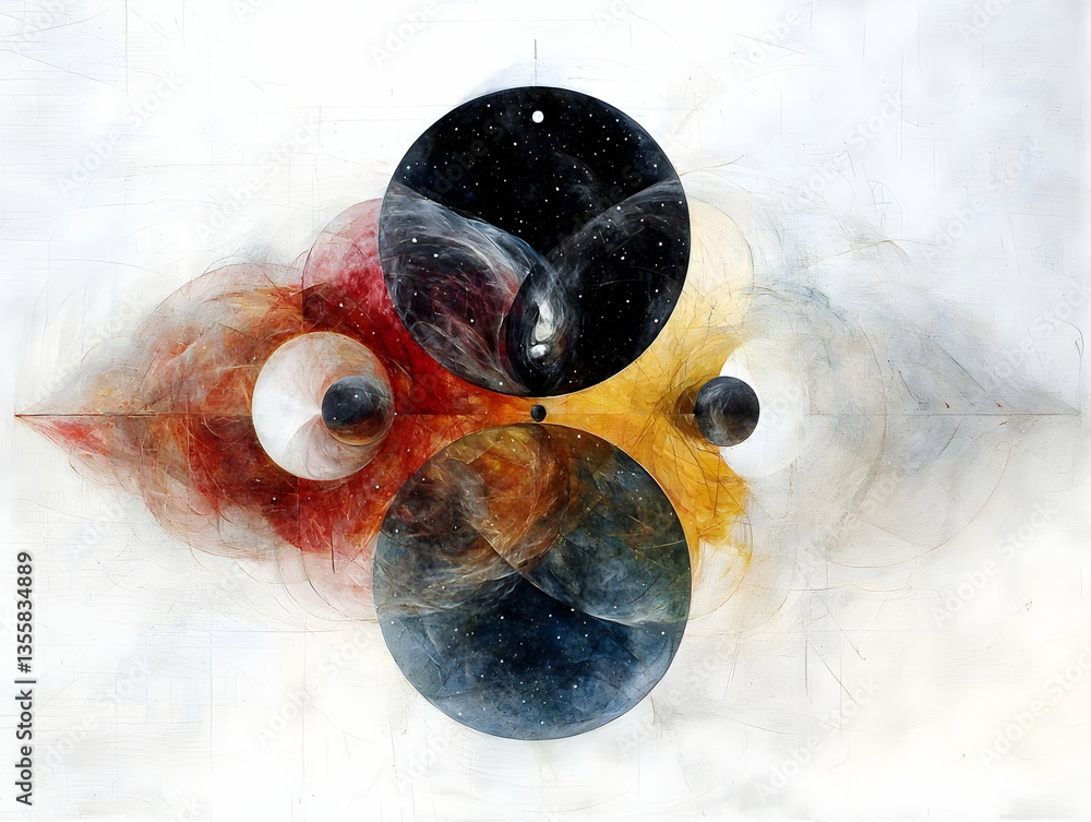 Poster abstract cosmic artwork with circular planets and starry background