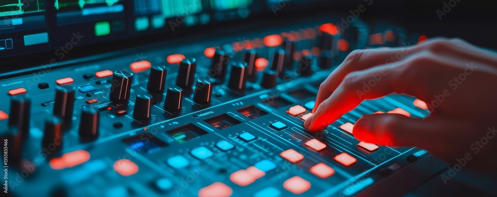 Poster digital music and arts concept. close-up of a hand adjusting colorful audio mixer controls.