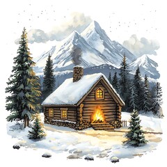 Fototapeta premium Cozy Cabin in Snowy Mountains A Winter Wonderland Illustration.