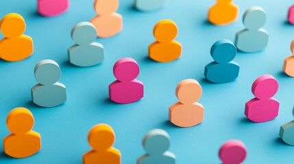 Personalized marketing advertising concept. Colorful wooden figures on a blue background representing diversity.