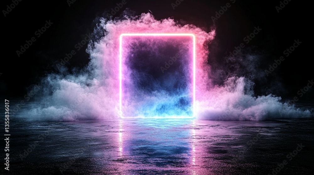 Poster glowing neon rectangular frame surrounded by smoke on a reflective surface.
